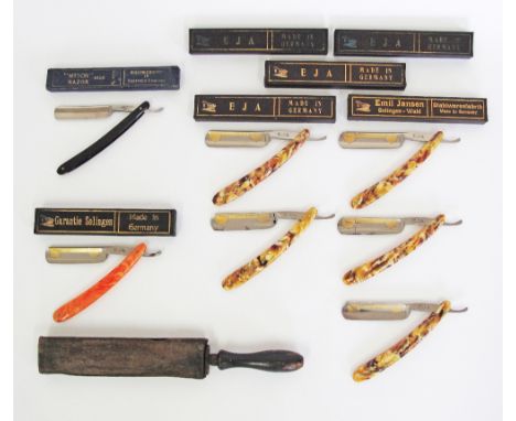A collection of 6 vintage Emil Jansen, German Solingen and one Myson Sheffield, straight shaving razors and a Herold Solingen