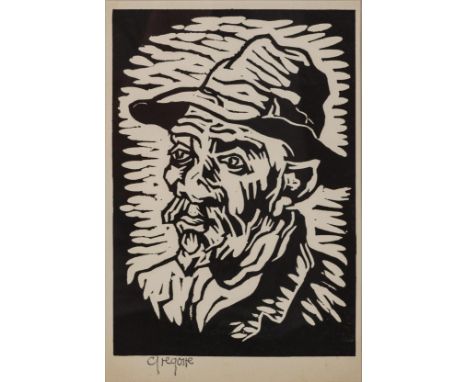 Gregoire Johannes Boonzaier (South African 1909-2005) PORTRAIT OF A MAN WITH A HAT and FOREST SCENE, two in the lot linocut, 