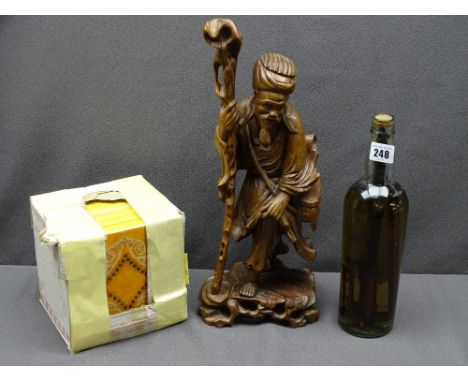 MID-CENTURY TYPE TILES, pickled model tools in a bottle and a carved oriental hardwood figurine of a sage, 40.5cms H the latt