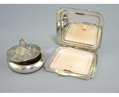 ART DECO SILVER &amp; GUILLOCHE ENAMEL COMPACT and circular continental silver lidded trinket box, compact hallmarked Birming