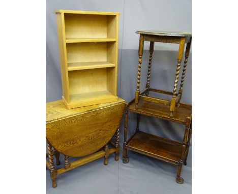 BARLEY TWIST GATE-LEG TABLE, lightwood open bookcase, polished tea trolley and a barley twist oval occasional table