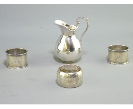 SMALL SILVER - four items, Birmingham hallmarks to include a Victorian cream jug 1886, maker H Brothers, 9.25cms H, bird and 