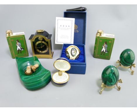 DECORATIVE ORNAMENTAL WARE, a collection to include malachite desk items, a modern black enamelled brass carriage type alarm 
