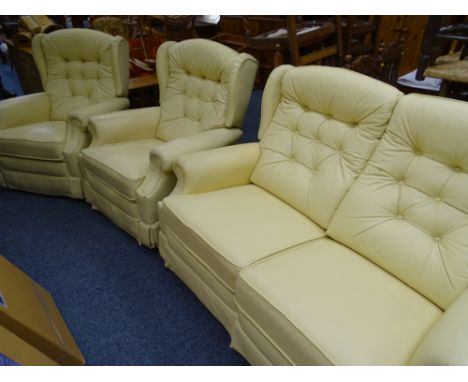LAZYBOY THREE PIECE LOUNGE SUITE IN CREAM comprising two seater leather effect reclining sofa and matching swivel and recline