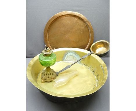 LARGE BRASS PAN, 63cms diameter, similar size copper charger, iron handled brass pan and an old oil lamp