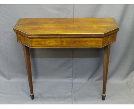 EDWARDIAN FOLDOVER CARD TABLE, canted corners with blue baize interior on spade feet with boxwood stringing