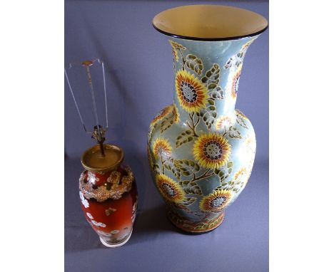 SGRAFFITO TYPE LARGE VASE and a Japanese Satsuma pottery lamp base, 78 and 71cm heights respectively