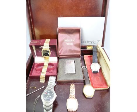 GENT'S VINTAGE &amp; LATER WRIST WATCHES and a boxed Ronson Electronic 7 pocket lighter contained in a mahogany effect box