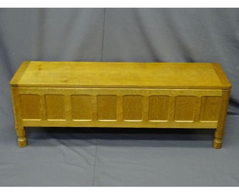 ROBERT 'MOUSEMAN' THOMPSON - Adzed oak panel fronted blanket box with carved mouse to the left front leg, 46cms H, 136cms W, 