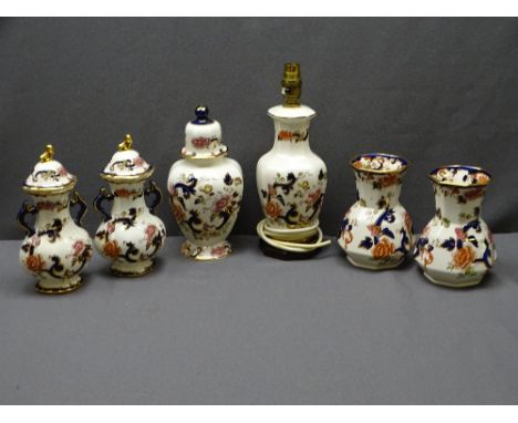 MASONS MANDALAY - pair of lidded twin-handled vases, pair of octagonal shaped vases, table lamp and another lidded vase