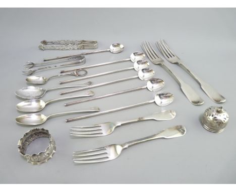 MIXED HALLMARKED SILVER FLATWARE, ten pieces, a silver sifter lid and a napkin ring, various hallmarks, 12 troy ozs approxima