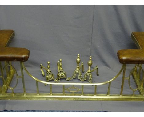 ANTIQUE CLUB FENDER in fine condition, brass with leather effect corners and two pairs of brass fire dogs