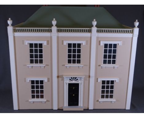 DOLLS HOUSE - miniatures, collectors' interest, a Georgian style townhouse with balustrade top and pitched roof with a quanti