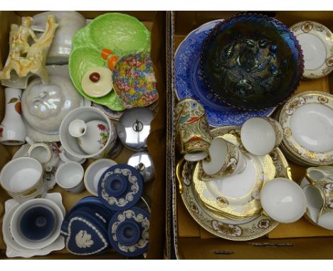 COLLECTOR'S POTTERY &amp; PORCELAIN with a purple carnival glass bowl including Spode, Blue Room and Engraver's Archive blue 