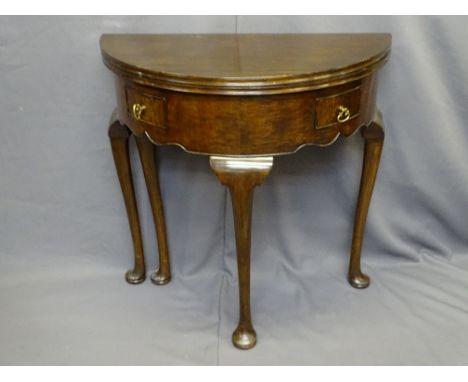 DEMI-LUNE FOLDOVER TABLE with gate-leg support and two front drawers, 74cms diameter opened, 77cms H, 75.5cms W