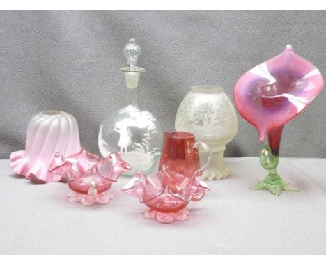 MARY GREGORY STYLE DECANTER WITH STOPPER - clear glass and a quantity of other quality glassware including lamp shades and Cr