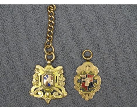 TWO 9CT GOLD &amp; ENAMEL FOOTBALL ASSOCIATION PENDANT FOBS, one marked Birmingham district and Counties Football Association