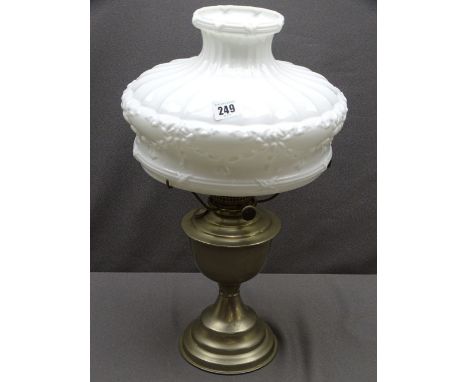 VINTAGE WHITE METAL &amp; BRASS PARAFFIN LAMP with fancy moulded white glass shade, 30cms diameter