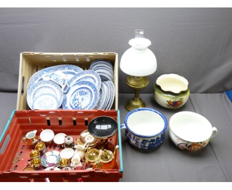 BLUE &amp; WHITE MEAT PLATTERS, other dresser porcelain, copper lustre, lustre teaware, old chamber pots and a brass columned