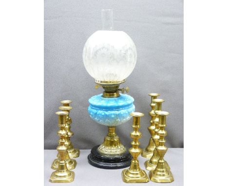 VICTORIAN OIL LAMP with etched glass shade and a quantity of brass candlesticks