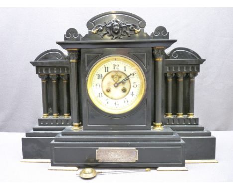 VICTORIAN BLACK MARBLE/SLATE MANTEL CLOCK with presentation plaque dated 1898, architectural style with Corinthian cap column