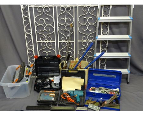 METAL GARDEN GATE, 107cms wide, step ladder and quantity of garage tools ETC E/T