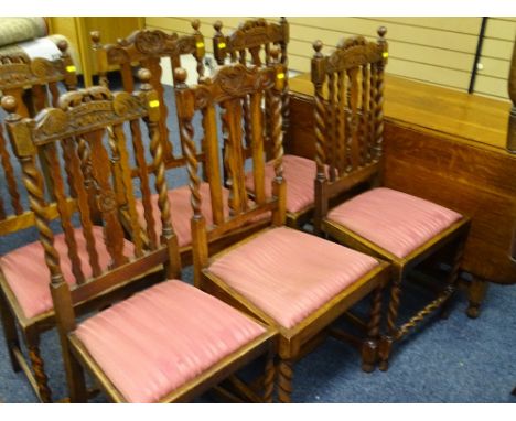 LARGE BARLEY TWIST GATE-LEG DINING TABLE, 160 x 120cms extended plus six barley twist high back dining chairs, four with crow
