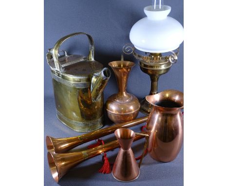 VINTAGE &amp; LATER COPPER &amp; BRASSWARE including two long coaching type horns, a brass water/milk can, Victorian style la