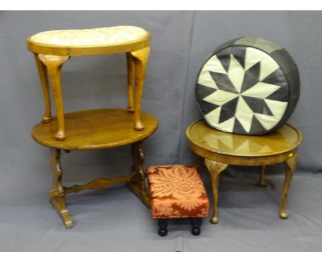 KIDNEY SHAPED STOOL, oval Arts and Crafts style occasional table, another occasional table, pouffe and a foot stool (a parcel