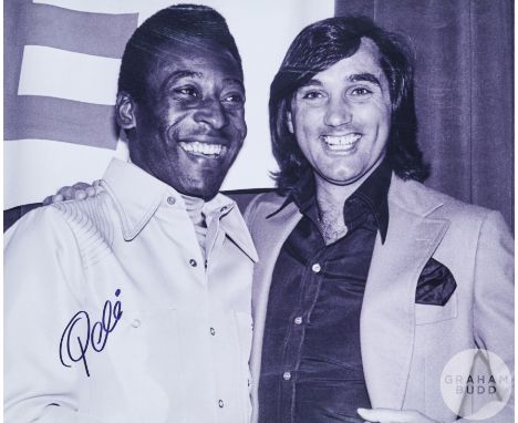 Large black and white photograph of Pele and George Best, signed in black marker pen by Pele, with A1 Sporting Memorabilia CO