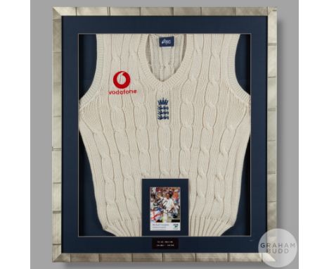 Michael Vaughan England cricket sweater, Asics, M, with embroidered three lions badge, VODAPHONE sponsor decal, signed framed