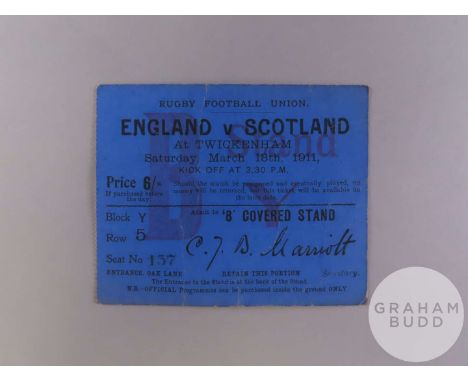 A rare England v. Scotland first International match at Twickenham rugby union ticket stub, 18th March 1911, areas of creases