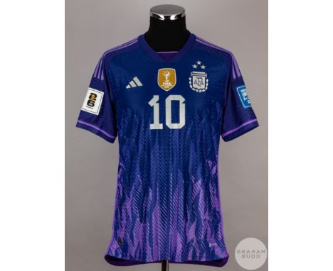 Lionel Messi purple No.10 Argentina v. Peru match issued short-sleeved shirt, 2023, Adidas, M, with v-neck collar and printed