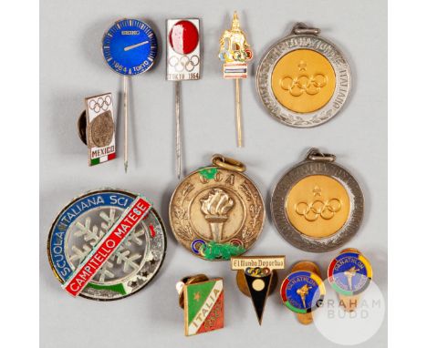 A group of medals and badges from the Ottorino Barassi Collection with Olympic interest, comprising: two .750 gold-mounted si