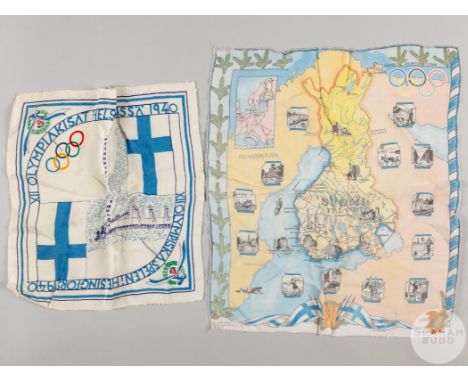 Helsinki 1940 Cancelled Olympic Games souvenir handkerchief featuring the Olympic rings and Finland flag with XII OLYMPIAKISA