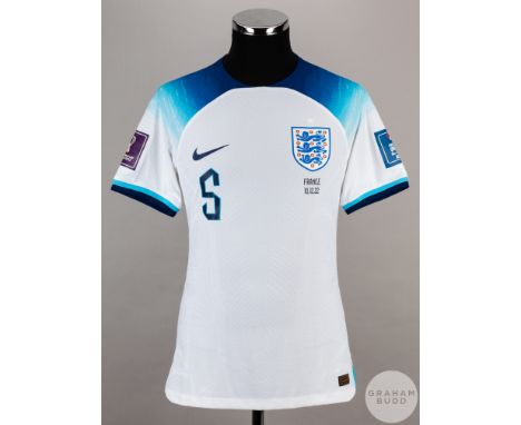 John Stones white No.5 England short-sleeved shirt, 2022, Nike, size M, crew neck collar, badge and France 10.12.22 printed o