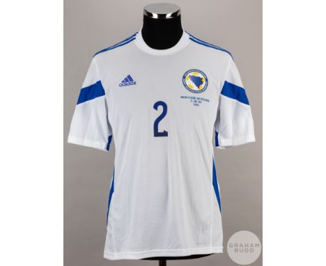 Avdija Vrsajevia white and blue Bosnia & Herzegovina No.2 away shirt v Nigeria, 2014 World Cup, 21st June, Adidas, size M, sh