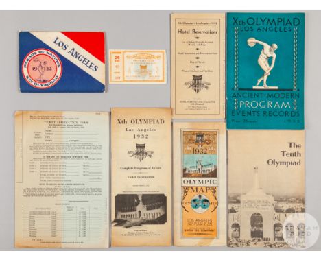 Los Angeles 1932 Olympic Games Track and field ticket, Olympic map, programme, Parade of Nation's cards, programme of events,