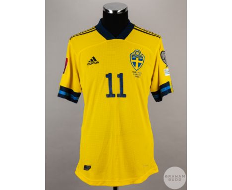Zlatan Ibrahimovic yellow and blue No.11 Sweden short-sleeved shirt, 2022, Adidas, size XL, crew neck collar, embroidered bad