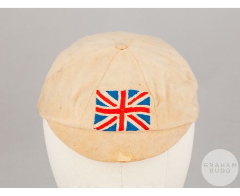Clyde Purnell a&nbsp;London 1908 Olympic Games white Great Britain cap, white fabric with embroidered Great Britain flag, sil