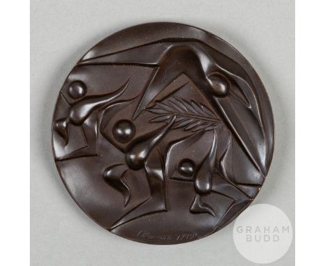 Tokyo 1964 Olympic Games participant's medal, designed by T. Okamoto and K. Tanaka, copper, the obverse with stylised figures