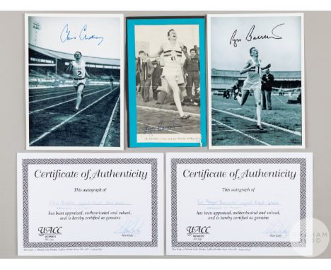 Roger Bannister autographed magazine photograph of Bannister completing first sub four minute mile, bears folds, another blac