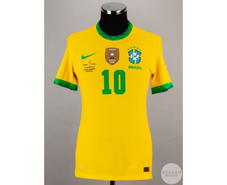 Neymar JR yellow and green No.10 Brazil short-sleeved shirt, 2021, Nike, size M, crew neck collar, printed badge with Brasil 