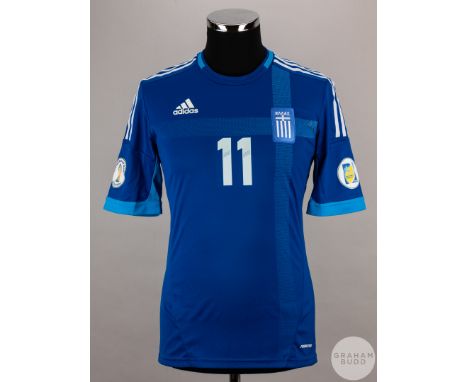 Loukas Vyntra blue Greece No.11 away shirt v Bosnia & Herzegovina 2014 World Cup Qualifier, 22nd March 2013,&nbsp; Adidas, si
