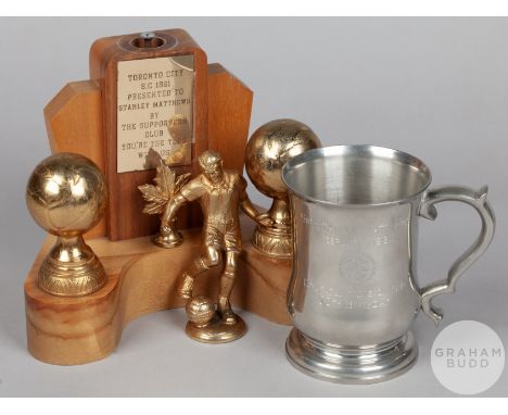 Stanley Matthews a Toronto City football trophy presented to Stanley Matthews, the trophy surmounted by the figure of a footb