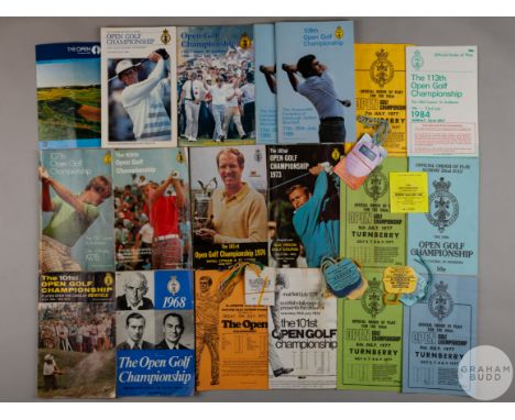 Collection of Open Golf Championship ephemera, including ten Open programmes from 1968 to 1986, ticket/season tickets from 19