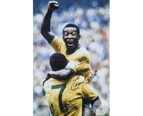 Edson Pele signed colour photograph featuring Pele celebrating scoring 1970 World Cup final, signed in black marker pen, moun