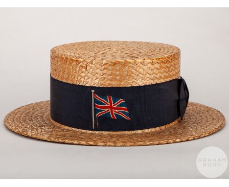 1924 Paris Olympic Games a straw boater with embroidered Union Flag band, the interior with three 1924 Paris Olympic stamps a