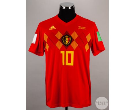 Eden Hazard red and yellow No.10 Belgium v. France short-sleeved shirt 2018, Adidas, size M, crew neck collar, embroidered ba