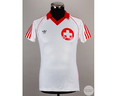 White and red Switzerland No.13 away shirt, 1980, Adidas, size M, short-sleeved with country emblem, reverse numbered 13